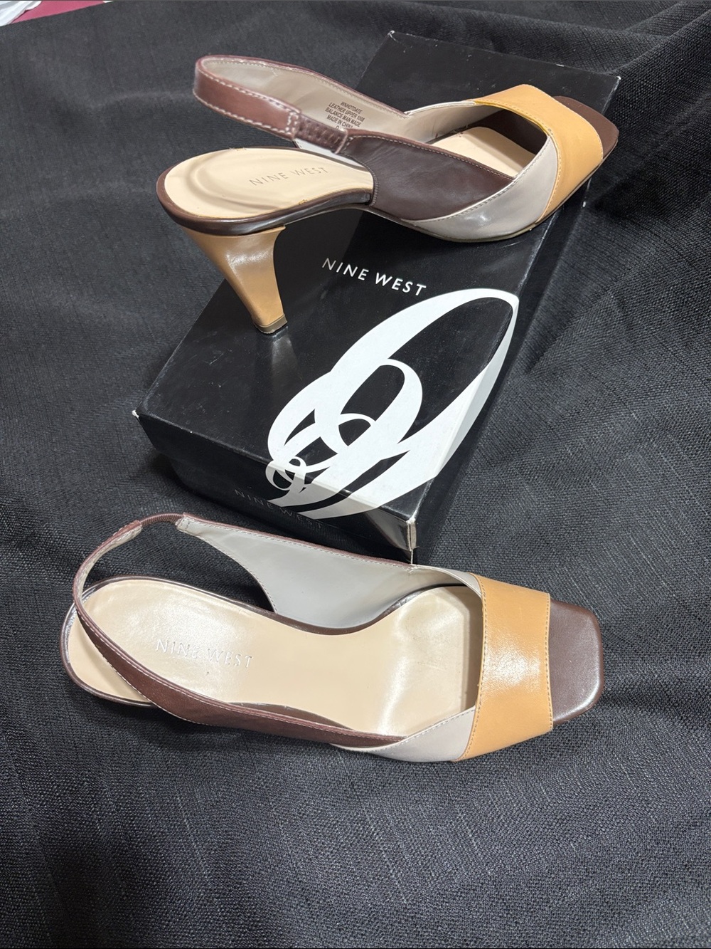 Nine West Tri-Panel Slingback Heels in Brown, Tan & Cream 2. 3/4”